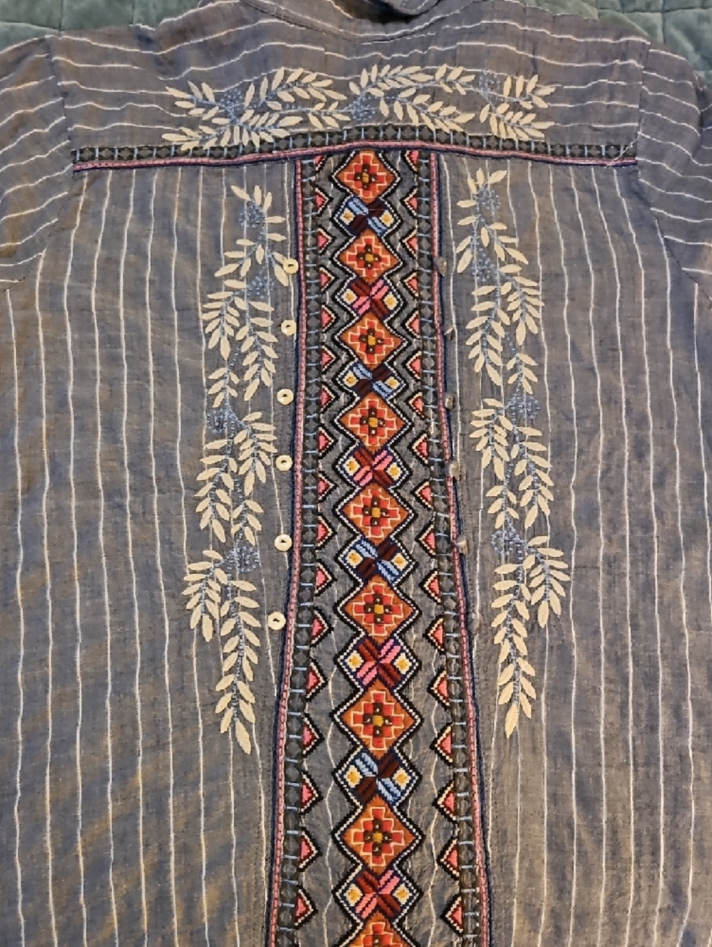 Johnny Was Blue Striped Button-Down Shirt with Pink Floral Embroidery - Picture 3 of 5